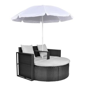 vidaXL Cama de jard&iacute;n con sombrilla rat&aacute;n sint&eacute;tico negro