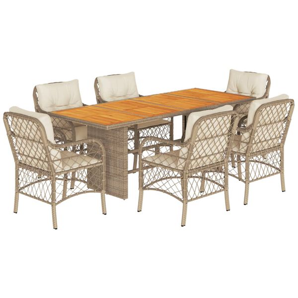 vidaXL Set comedor de jard&iacute;n 7 pzas con cojines rat&aacute;n sint&eacute;tico beige