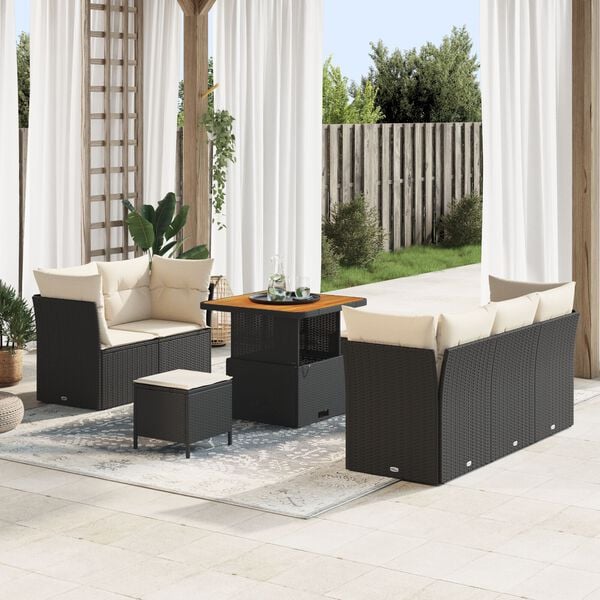vidaXL Conjunto de sof&aacute; de jard&iacute;n 8 pcs Negro y crema rat&aacute;n sint&eacute;tico