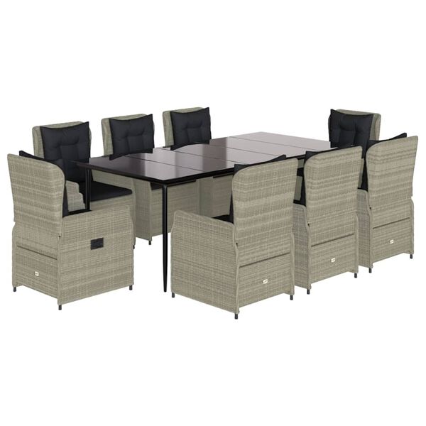 vidaXL Set comedor de jard&iacute;n 9 pzas cojines rat&aacute;n sint&eacute;tico gris claro