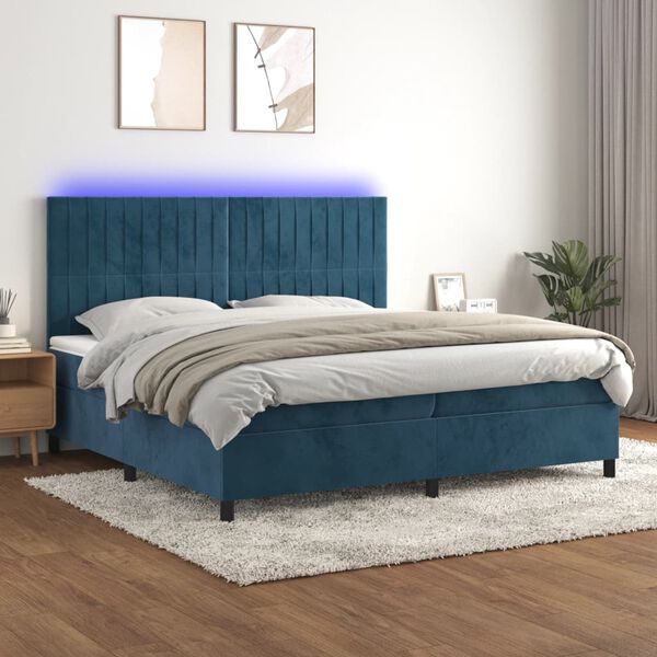 vidaXL Cama box spring colch&oacute;n y LED terciopelo azul oscuro 200x200 cm