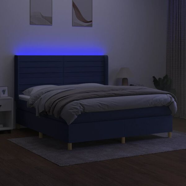vidaXL Cama box spring colch&oacute;n y luces LED tela azul 160x200 cm