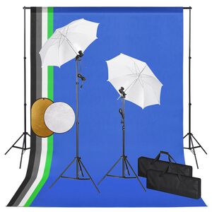 vidaXL Kit estudio fotogr&aacute;fico l&aacute;mparas, sombrillas, fondo y reflector