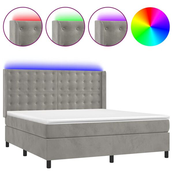 vidaXL Cama box spring colch&oacute;n y LED terciopelo gris claro 160x200 cm