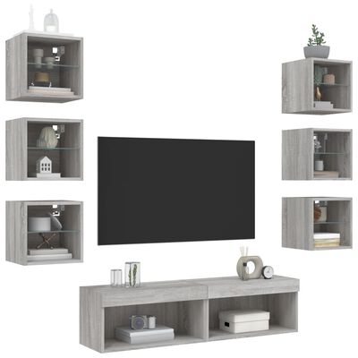 vidaXL Muebles TV pared con LED 8 pzas madera ingeniería gris Sonoma