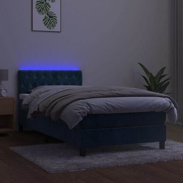 vidaXL Cama box spring colch&oacute;n y LED terciopelo azul oscuro 90x190 cm