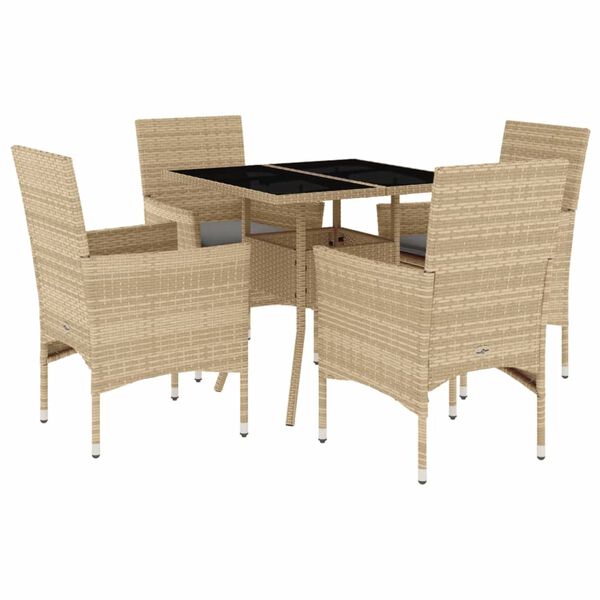 vidaXL Set comedor jard&iacute;n 5 pzas cojines rat&aacute;n sint&eacute;tico vidrio beige
