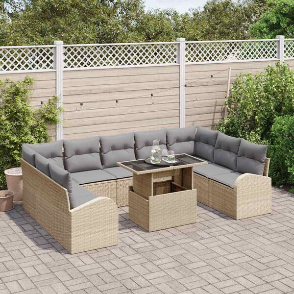 vidaXL Conjunto de sof&aacute; de jard&iacute;n con coj&iacute;n 10 pcs Beige Polirat&aacute;n