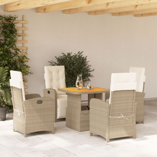 vidaXL Set comedor de jard&iacute;n 5 pzas con cojines rat&aacute;n sint&eacute;tico beige