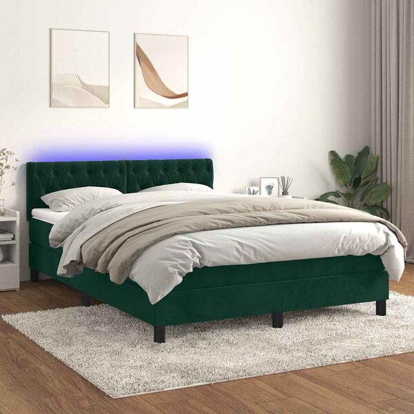 vidaXL Cama box spring colch&oacute;n y LED terciopelo verde oscuro 140x200cm