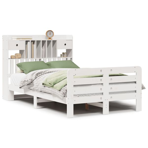 vidaXL Cama con estanter&iacute;a sin colch&oacute;n madera maciza blanca 135x190 cm