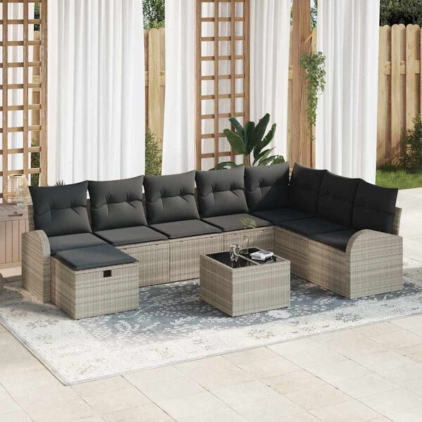 vidaXL Conjunto de sof&aacute; de jard&iacute;n con coj&iacute;n 9 pcs Gris claro Polirat&aacute;n