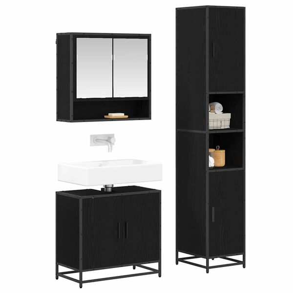 vidaXL Juego de muebles de ba&ntilde;o 3 pcs Roble Negro Madera de ingenier&iacute;a