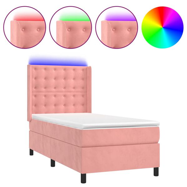 vidaXL Cama box spring colch&oacute;n y LED terciopelo rosa 100x200 cm