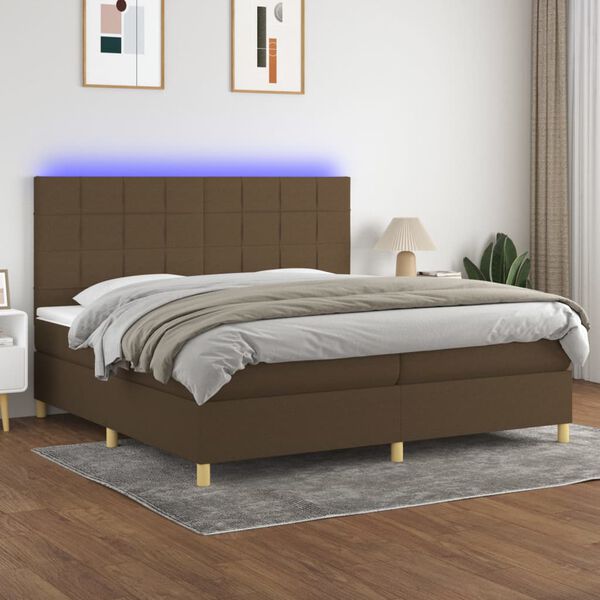 vidaXL Cama box spring colch&oacute;n luces LED tela marr&oacute;n oscuro 200x200 cm