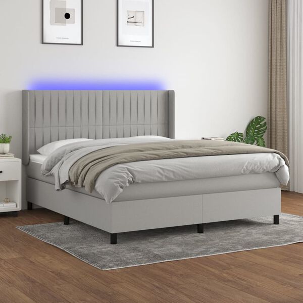 vidaXL Cama box spring colch&oacute;n y luces LED tela gris claro 160x200 cm