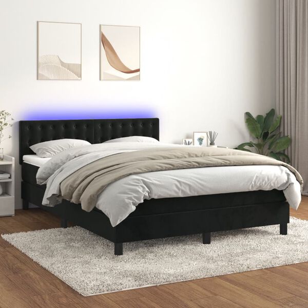 vidaXL Cama box spring colch&oacute;n y LED terciopelo negro 140x190 cm