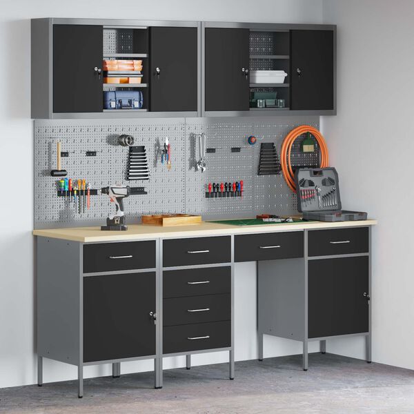 vidaXL Armario de trabajo 10 pcs Negro Madera Ingenierizada y Acero