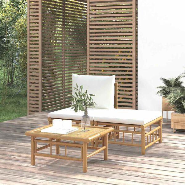 vidaXL Set de muebles de jardín 3 piezas bambú y cojines blanco crema