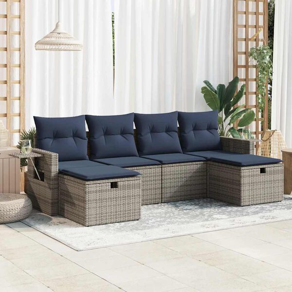 vidaXL Set de muebles de jard&iacute;n 6 pzas y cojines rat&aacute;n sint&eacute;tico gris