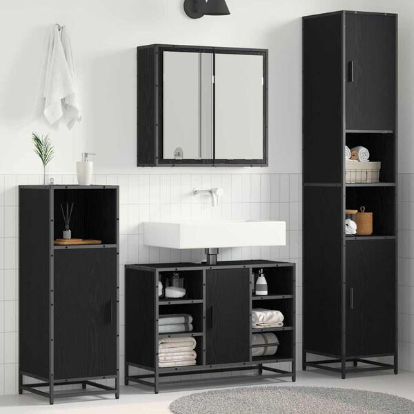 vidaXL Juego de muebles de ba&ntilde;o 4 pcs Roble Negro Madera de ingenier&iacute;a