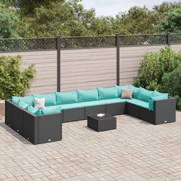 vidaXL Set muebles de jard&iacute;n 11 pzas y cojines rat&aacute;n sint&eacute;tico negro