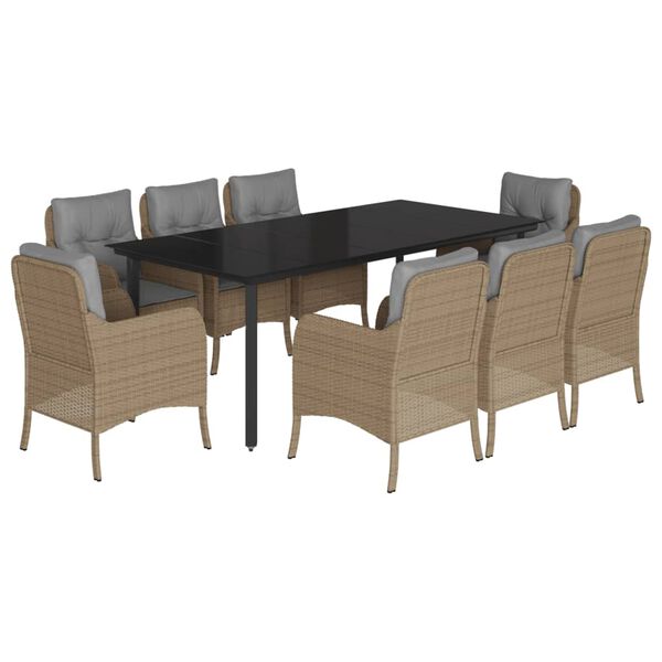 vidaXL Set comedor de jard&iacute;n 9 pzas con cojines rat&aacute;n sint&eacute;tico beige