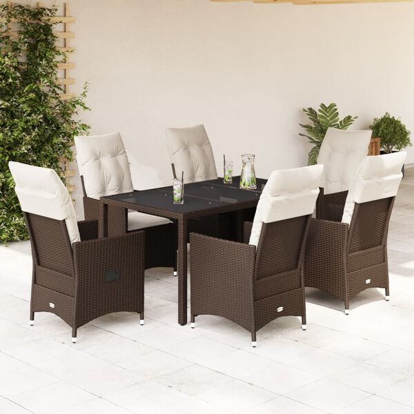 vidaXL Set comedor de jard&iacute;n 7 pzas con cojines rat&aacute;n sint&eacute;tico marr&oacute;n