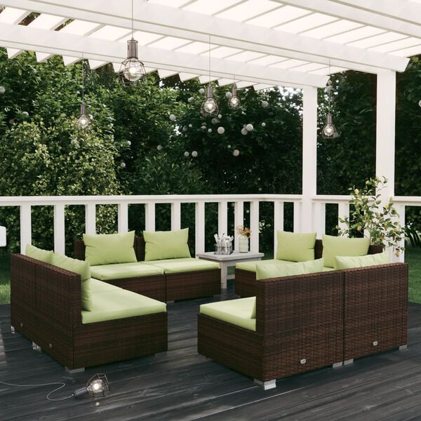 vidaXL Set muebles de jard&iacute;n 8 piezas y cojines rat&aacute;n sint&eacute;tico marr&oacute;n