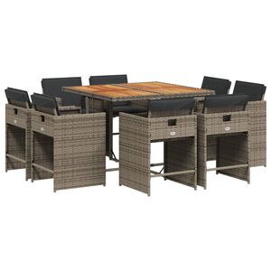 vidaXL Set comedor jard&iacute;n 9 pzas y cojines rat&aacute;n sint&eacute;tico gris
