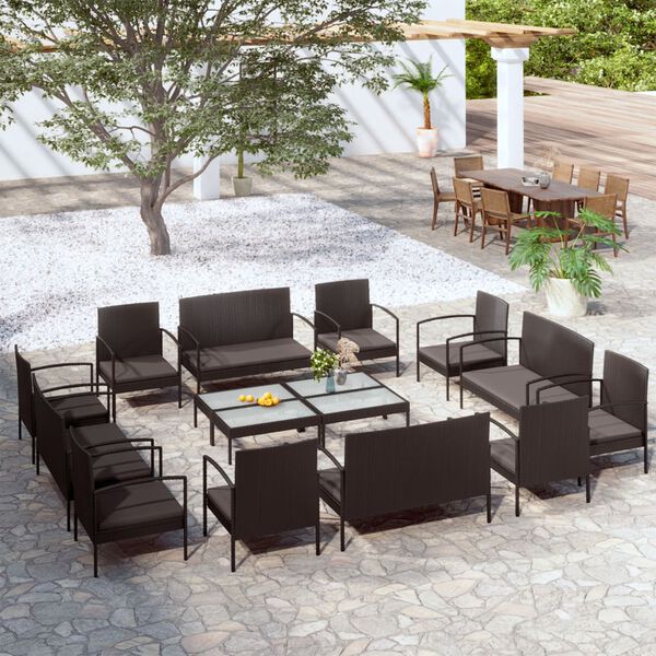 vidaXL Set muebles de jardín 16 piezas y cojines ratán sintético negro