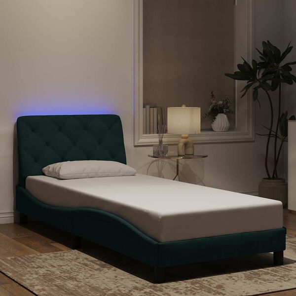 vidaXL Estructura de cama con LED sin colch&oacute;n terciopelo verde oscuro 90x190 cm
