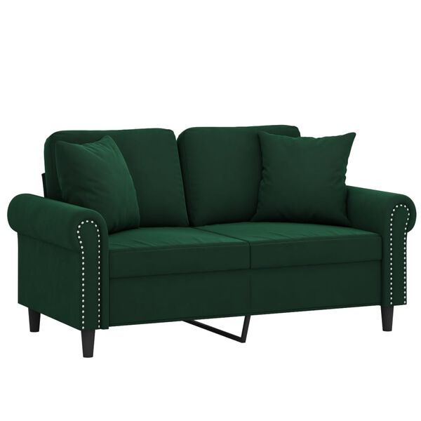 vidaXL Sof&aacute; 2 plazas almohadas y cojines terciopelo verde oscuro 120cm