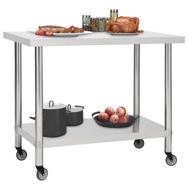 vidaXL Mesa de trabajo para cocina con ruedas acero inox 100x30x85 cm