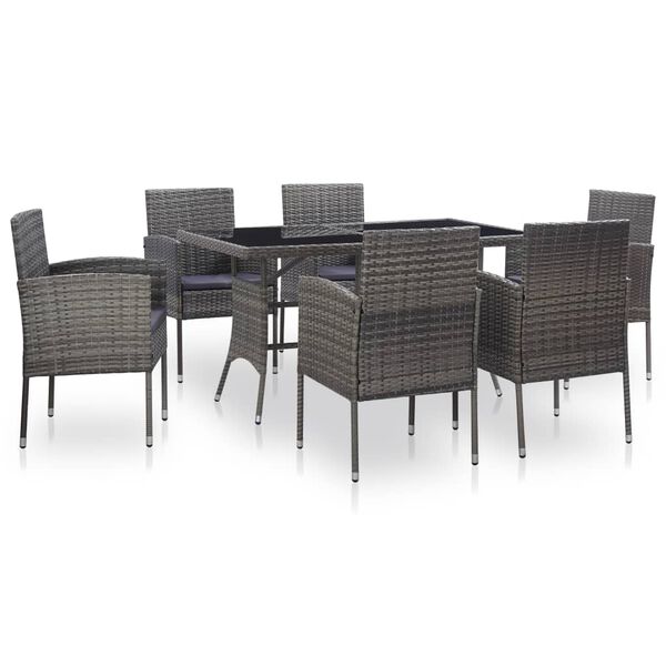 vidaXL Set de comedor de jard&iacute;n 7 pzas y cojines rat&aacute;n sint&eacute;tico gris