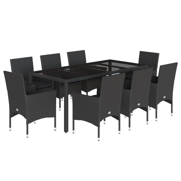 vidaXL Set comedor jard&iacute;n 9 pzas cojines rat&aacute;n sint&eacute;tico vidrio negro