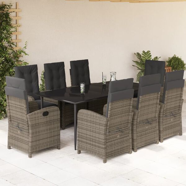 vidaXL Set comedor jard&iacute;n 9 pzas y cojines rat&aacute;n sint&eacute;tico gris
