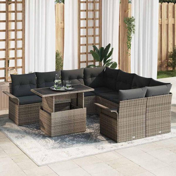 vidaXL Conjunto de sof&aacute; de jard&iacute;n con coj&iacute;n 9 pcs Gris rat&aacute;n sint&eacute;tico