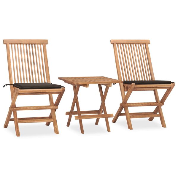 vidaXL Set comedor de jard&iacute;n plegable 3 piezas madera de teca cojines
