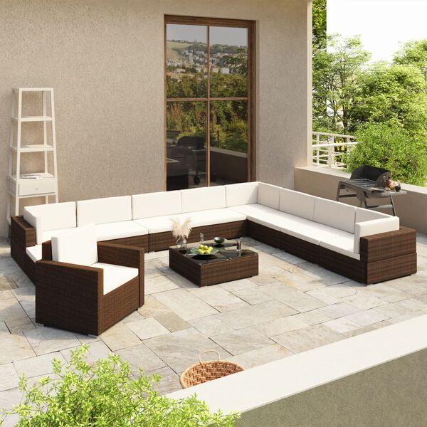 vidaXL Set muebles de jardín y cojines 12 pzas ratán sintético marrón