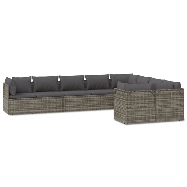 vidaXL Set de muebles de jard&iacute;n 9 pzas y cojines rat&aacute;n sint&eacute;tico gris