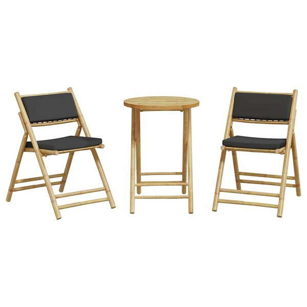 vidaXL Juego bistr&oacute; plegable de bamb&uacute; 3 pzas con cojines gris oscuro