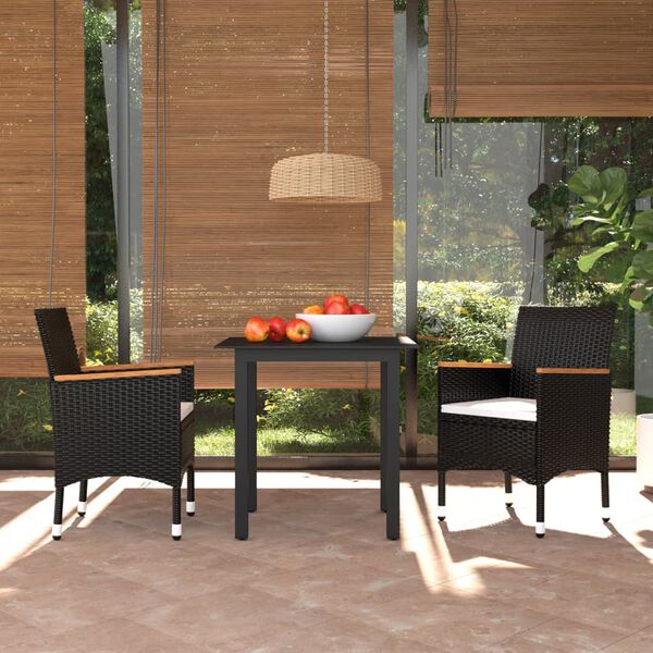 vidaXL Set de comedor de jardín 3 pzas y cojines ratán sintético negro