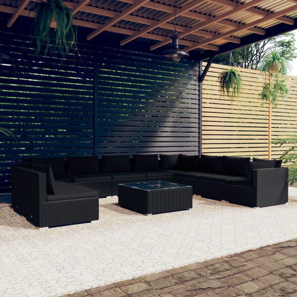 vidaXL Set muebles de jardín 11 pzas y cojines ratán sintético negro