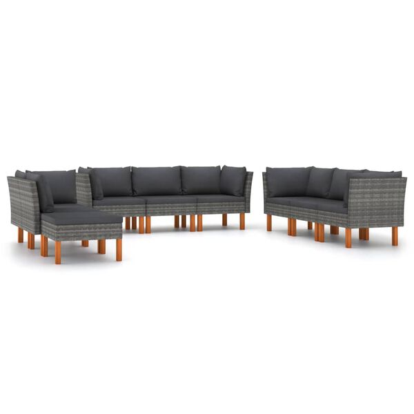 vidaXL Set de muebles de jard&iacute;n 9 pzas y cojines rat&aacute;n sint&eacute;tico gris