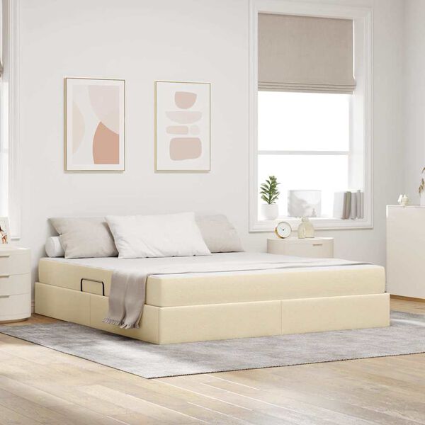 vidaXL Cama con almacenamiento y colch&oacute;n Crema 160 x 200 cm Poli&eacute;ster