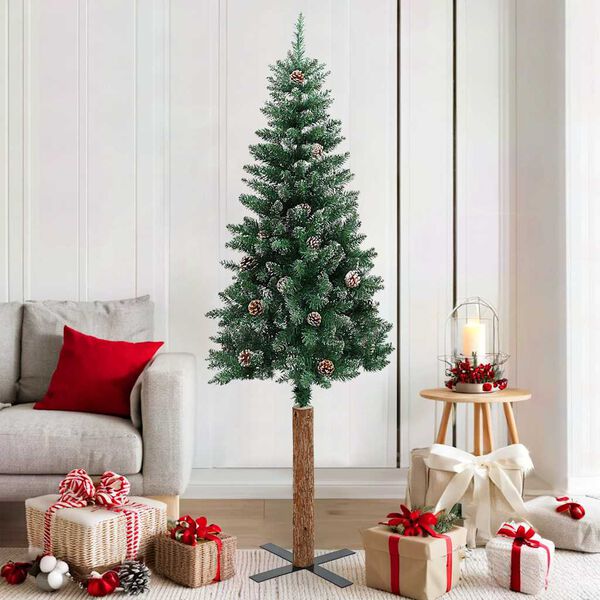 vidaXL Árbol de Navidad estrecho con madera real y nieve 180 cm verde