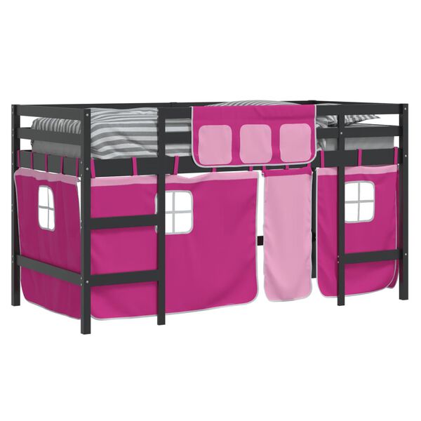 vidaXL Cama alta para ni&ntilde;os con cortinas madera pino rosa 80x200 cm