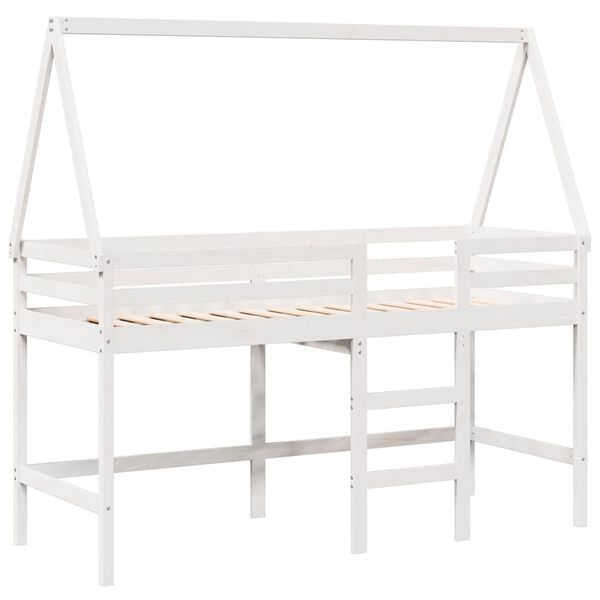 vidaXL Cama alta escalera y techo madera maciza pino blanca 90x190 cm