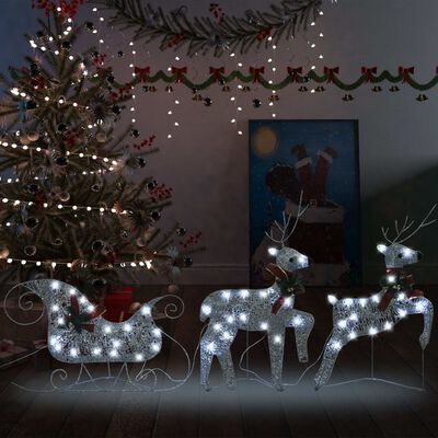 vidaXL Renos y trineo de Navidad decorativos con 60 LED plateado